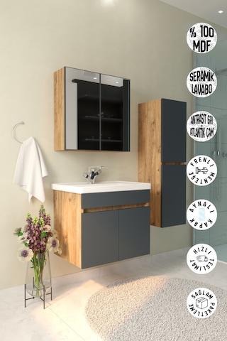 Makbulce Tokyo Havlu Dolaplı 65cm Seramik Lavabolu Mdf Aynalı Banyo Dolabı-atlantik Çam&antrasit Gri Antrasit Gri - Atlantik Çam