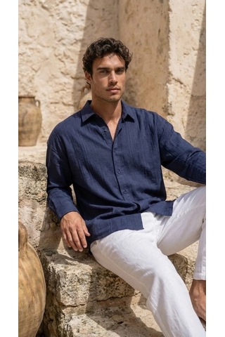 Valensdesign Erkek Armürlü Yarım Oversize Müslin Gömlek Lacivert