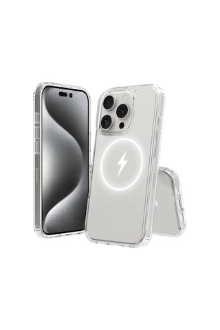 Apple Uyumlu iPhone 16 Pro Kılıf M-safe Şarj Özellikli Şeffaf Sert Pc Zore Embos Kapak Seffaf