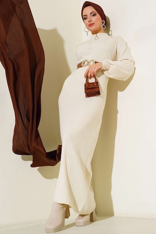 Bigdart 15900 Boydan Tesettür Triko Elbise - Krem