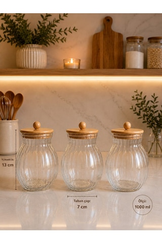 Qerhome Bambu Kapaklı Borosilikat Cam Kavanoz Seti Çizgili Erzak Ve Bakliyat Saklama Kabı 3 Ad 1000 Ml Dr 53 Şeffaf