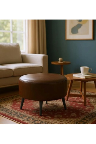 Waterybrook Suni Deri Puf Large - Siyah Ahşap Ayaklı - Retro Modern Tasarım - Dekoratif Sehpa Acı Kahverengi