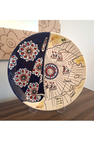El Yapımı Piri Reis Desenli Çini Tabak