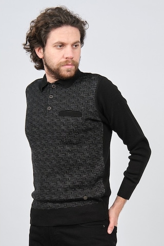 Çizgi Triko Erkek Cep Detaylı Polo Yaka Desenli Kazak 42544230 Si Siyah