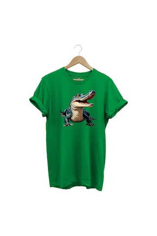 Timsah Baskılı %100 Pamuk Regular Fit T-shirt Yeşil