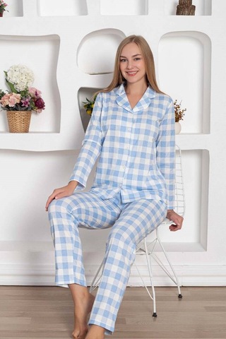 Alimer Kadın Ekose Desen Gömlek Yaka Önden Düğmeli %100 Pamuk Penye Mevsimlik Uzun Kol Cepli Pijama Takımı Mavi