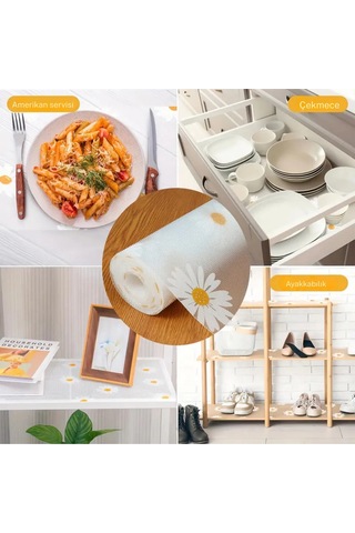 Mutfak Eva Shelf Liner Şeffaf Astar Kaymaz Dolap İçi Çekmece Örtüsü Papatya Desen Mat 45cmx10 Metre Çok Renkli