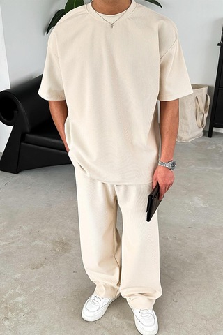 Bej İnce Fitilli Oversize Tişört Bej