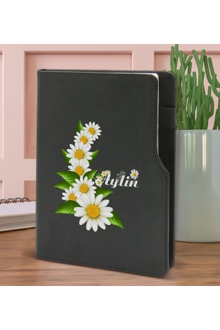 BK Gift Kişiye Özel Papatya Temalı Siyah Termo Deri Not Defteri 1