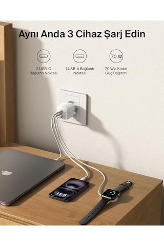 Belkin 3 Bağlantı Noktalı Usb-c Şarj Cihazı, 70 W, 2x Usb-c Ve 1x
