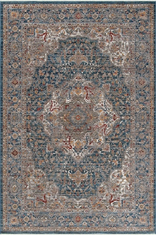 Dekorenti Otantik 2604 Mavi Halı Eskitme Madalyon Desenli Halı