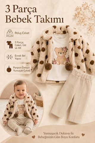Ahengim Minik Ayıcık Baskılı Puanlı Yumuşak Dokulu Peluş Montlu 3 Lü Kız Bebek Set Takım Ak8534 Bej