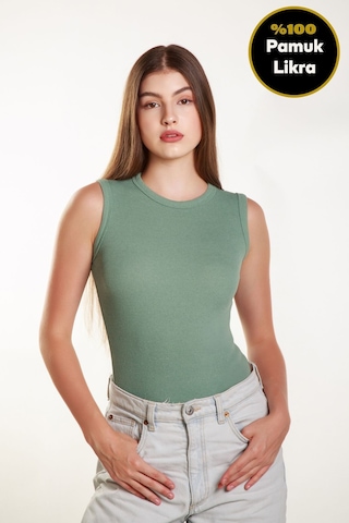 Kadın Fitilli Likralı Sıfır Kol Bisiklet Yaka Örme Atlet Tshirt Bluz Çağla Yeşili