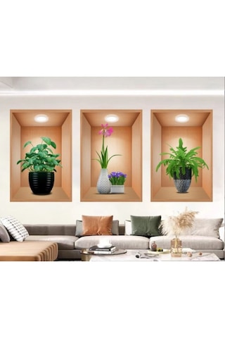 3d Çiçek Vazo 3 Lü Set Kahverengi Fonduvar Sticker Renkli