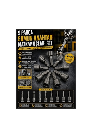 9 Parça Manyetik Somun Sıkma Anahtar Matkap Uçları Seti Lokma Anahtar Takımı 5-13 Mm