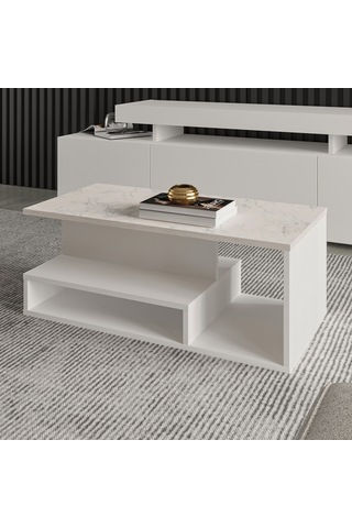 Vera Mini Orta Sehpa Modern Tasarım, Fonksiyonel Raflı Yap Beyaz/beyaz Mermer