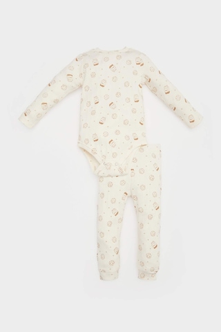 DeFacto Erkek Bebek 2'li Takım Fitilli Kaşkorse Baskılı Uzun Kollu Çıtçıtlı Body Esnek Belli Uzun Alt E6303A525SPER233 Ekru