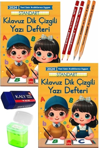 Kılavuz Dik Çizgili Güzel Yazı Defteri Orta Boy Fatih Kırmızı Ve Siyah Jumbo Kurşun Kalem Sınav Silgisi Kalemtraş Defter