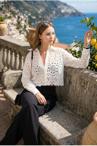 Fashion Cocktail İngiliz Dantel Brode İşleme Ajur Geometrik Işığı Yansıtan Dokularla Tasarlanmış Romantik Crop Gömlek Beyaz