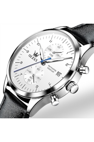 Olevs 2880 Erkekler Çok Fonksiyonlu İş Su Geçirmez Deri Kayış Kuvars Saat Beyaz