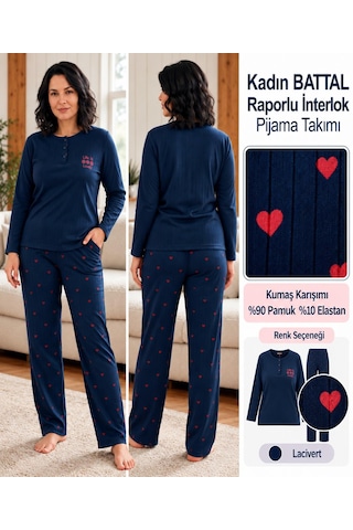 Lana Kadın Battal Pamuk Likralı Raporlu İnterlok Kışlık Pijama Takımı 245/26 - 1 Adet Lacivert