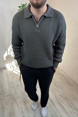 Erkek Gri Fermuarlı Polo Yaka Oversize Triko Kazak Gri