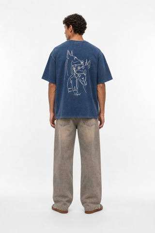Respire Erkek Nakış Detaylı Yıkamalı Oversize T-shirt Lacivert