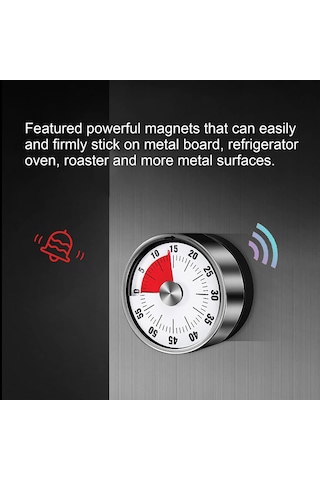 Mufunye Stainless Steel Mekanik Zamanlayıcı, 60 Dakika Geri Sayım, Mutfak/öğrenci Zaman Yöneticisi, Manyetik Taban, Beyaz Göstergeli Kırmızı Gövde Siyah