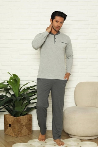 Alimer Erkek 3 Düğmeli Çizgili Desen %100 Pamuk Uzun Manşetli Kol Cepli Pijama Takımı Açık Gri