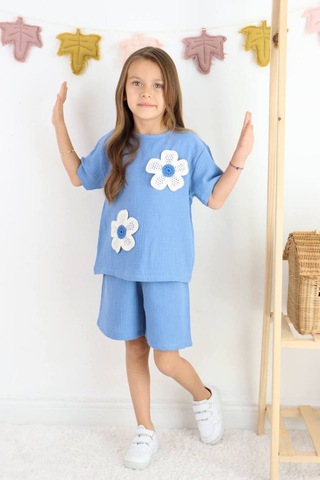 Örme Nakışlı Müslin Şort Takım Mavi