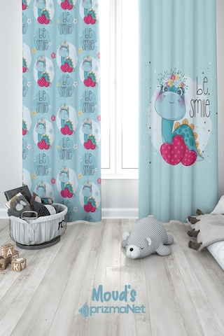 Minik Dinozor Desenli Baskılı Çocuk Ve Bebek Odası Fon Perdesi 2 Kanat - Prd-09 Çok Renkli