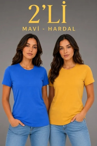 DefyModa Basic Bisiklet Yaka Yazlık Slim Fit T-shirt - Mavi - Hardal Sarısı Çok Renkli