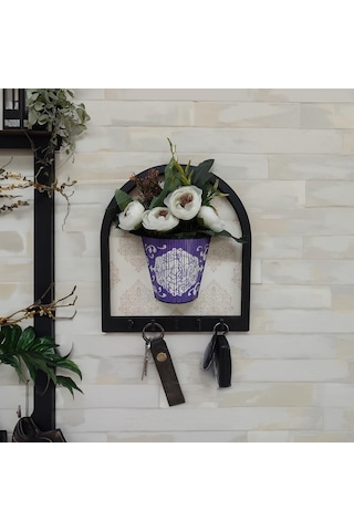 Cajuart Ahşap Motifli Mor Saksı İçinde Beyaz Yapay Çiçek Askılık Duvar Dekoru