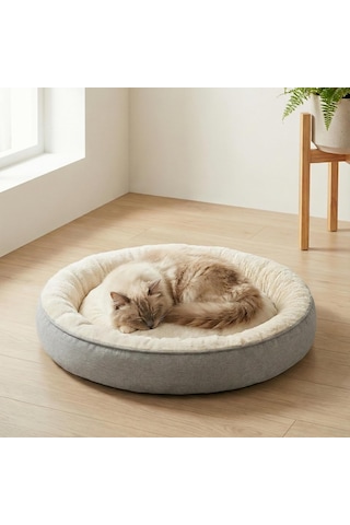 Bunny Kedi Ve Köpek Yatağı Bej 85x85x15 Cm Büyük, Donut Şekli, Yükseltilmiş Kenar, Ultra Yumuşak Peluş, Gergin