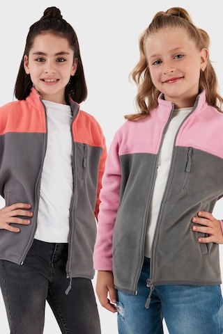 Lela Yumuşak Dokulu Fermuarlı Renk Bloklu Dik Yaka Cepli 2'Li Paket Hırka Çocuk Polar 5905001S2 Somon Gri-Şeker Pembe Gri