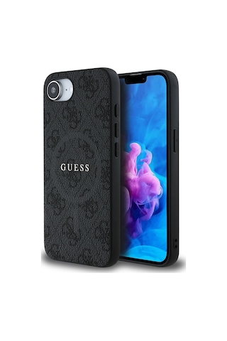 Apple iPhone 16e Uyumlu Kılıf Guess Lisanslı M safe Pu Halkalı 4g Desenli Yazı Logolu Kapak Siyah