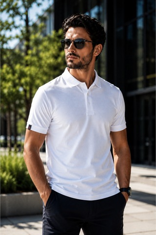 Luxıc Core Erkek Polo Yaka Beyaz Tişört Likralı Pike Kumaş Terletmez Slim Fit Günlük Şık Tasarım