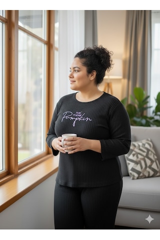 Kadın Siyah Pumpkin Pijama Takımı Siyah