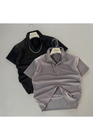 Fifty Color Alaçatı Stili Erkek Fitilli Ottoman Hava Alan Kumaş Polo Yaka T-shirt 2li Renk Siyah - Gri