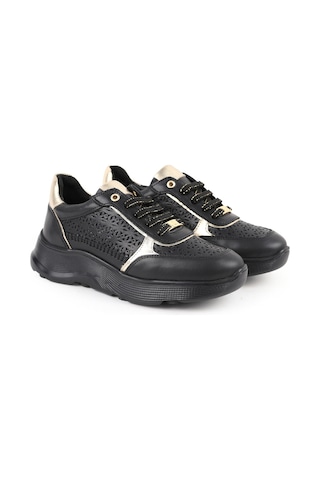 Mamma Mia Kadın Günlük Ayakkabı Hakiki Deri Lazer Kesim Desenli Metalik Geçişli Kalın Taban Sneaker 26y-7085 Siyah-altın