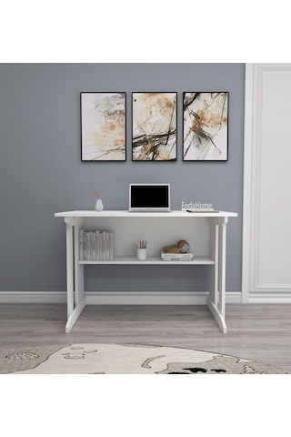 Pillar Raflı Çalışma Masası Kitaplıklı Beyaz Çalışma Masası Mat Beyaz