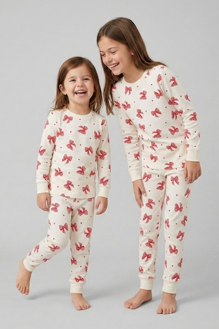 Ekru Renk Kırmızı Fiyonk Baskılı Kız Çocuk Pijama Takımı Ekru