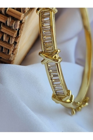 Xoxo Mers Model Zirkon Taşlı Çelik Kelepçe Bileklik Gold