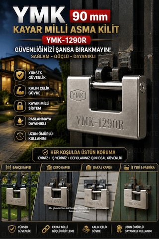 Kayar Milli Asma Kilit Ymk-1290r Kalın Çelik Gövde Yüksek Güvenlikli Paslanmaya Dayanıklı 3 Anahtarl