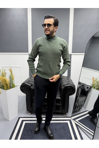 Avni Ceylan Modern Erkek Slim Fit Balıkçı Yaka %100 Pamuk Pike Örgü Triko Kazak Yeşil/kahve