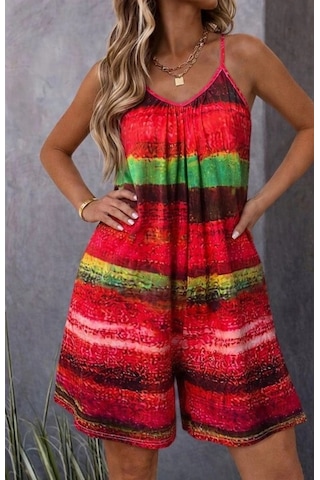 Defymoda Kadın Ip Askılı Yuvarlak Yakalı Cepli Desenli Kısa Süprem Tulum Pembe