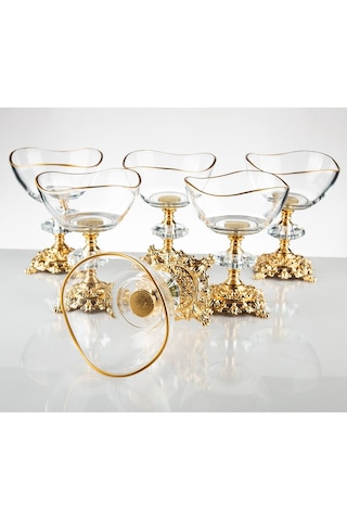 Argkristal Metal Ayaklı Vira Gold Detaylı Sütlü Tatlı Kasesi - Dondurmalık - Çerezlik 6 Lı Altın