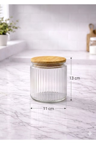 6 Lı Etiketli Cam Kavanoz Seti Bambu Vakum Kapaklı Çizgili Erzak Bakliyat Saklama Kabı 1000 Ml Cam