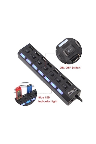 7 Port Usb Hub Çoklayıcı Çoğaltıcı Onoff Düğmeli Işıklı Adaptörlü (492982846)