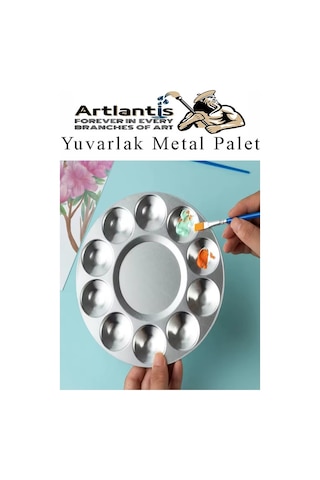 Yuvarlak Metal Palet 1 Adet Metal Boya Paleti 10 Hazneli 17 Cm Paslanmaz Resim Boyama Paleti Fırça Hediyeli